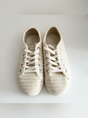 Cream Knit Lace-Up Sneakers